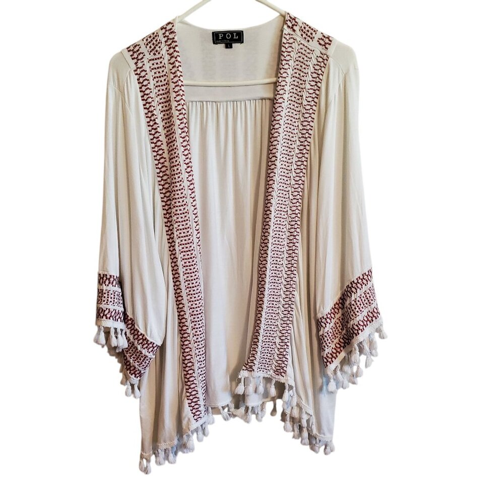 POL Open Tassel Embroidered‎ Lined Cardigan Wide Short Sleeves Large